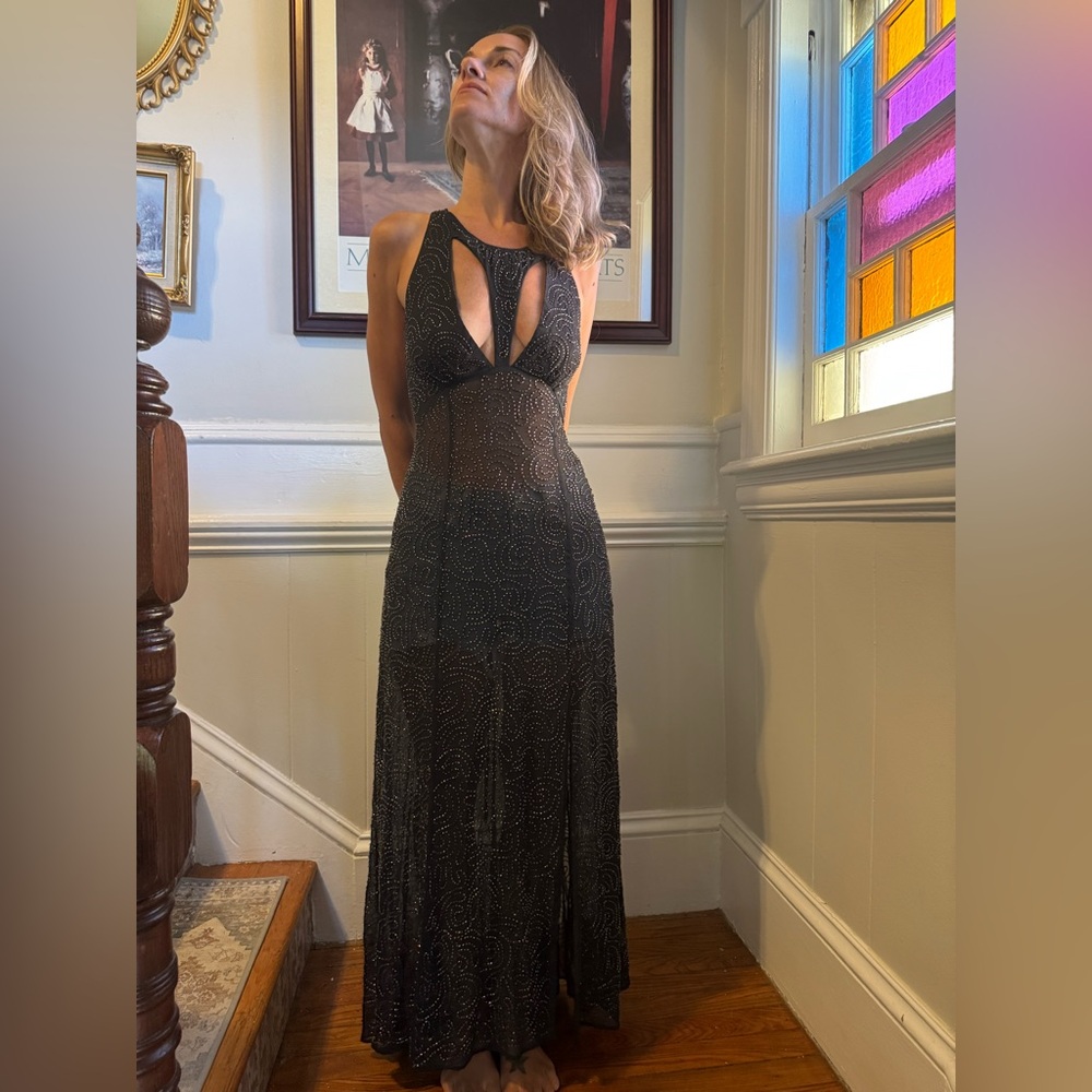 Free People Black Beaded Maxi Slip Dress XS